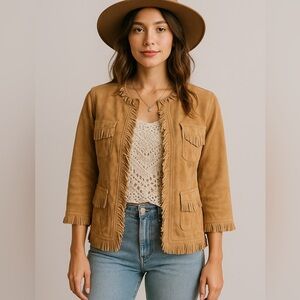 Chicos Lexi Fringe Suede Leather Jacket Saddle Tan NWT Size small